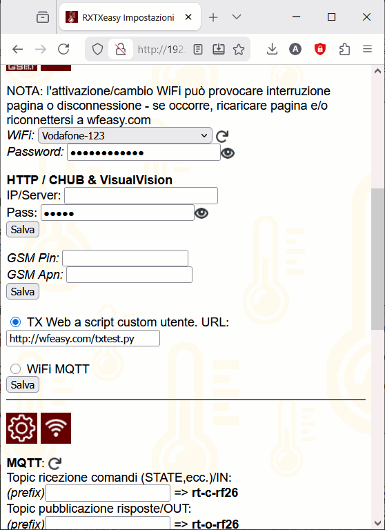 impostazioni RXTXeasy WiFi GSM M